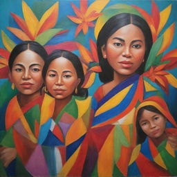 Create a painting that represents contemporary Filipino art, filled with vibrant colors, dynamic shapes, strong cultural elements, and expressive details