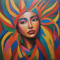 Create a painting that represents contemporary Filipino art, filled with vibrant colors, dynamic shapes, strong cultural elements, and expressive details