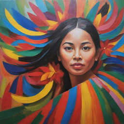 Create a painting that represents contemporary Filipino art, filled with vibrant colors, dynamic shapes, strong cultural elements, and expressive details