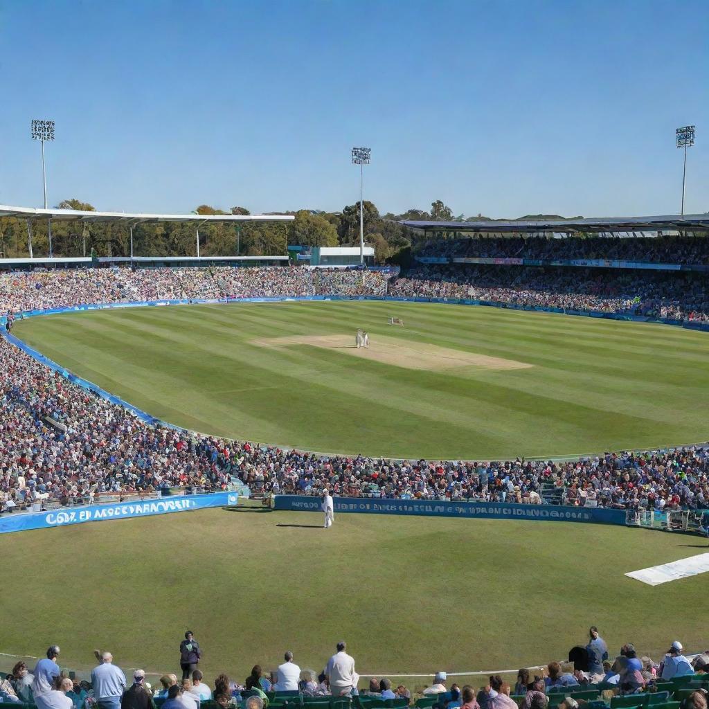 A cricket pitch in a lively stadium, under a vivid blue sky. Details include green grass, white wickets, cricket bat and ball, with spectators cheering.