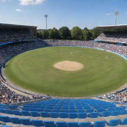 A cricket pitch in a lively stadium, under a vivid blue sky. Details include green grass, white wickets, cricket bat and ball, with spectators cheering.