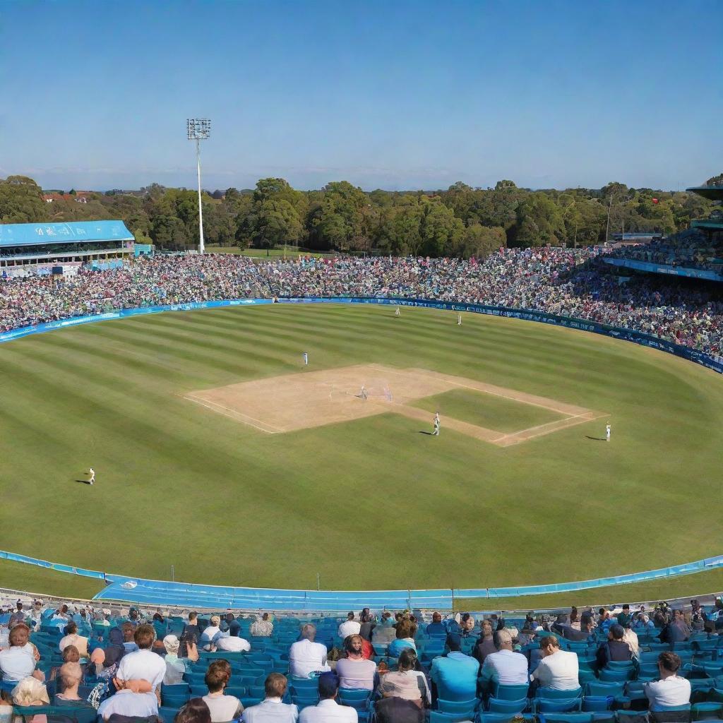 A cricket pitch in a lively stadium, under a vivid blue sky. Details include green grass, white wickets, cricket bat and ball, with spectators cheering.