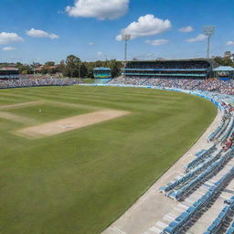 A cricket pitch in a lively stadium, under a vivid blue sky. Details include green grass, white wickets, cricket bat and ball, with spectators cheering.