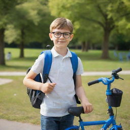 A clever young boy with glasses and a backpack, next to a blue bike in a sunny park.