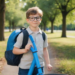 A clever young boy with glasses and a backpack, next to a blue bike in a sunny park.