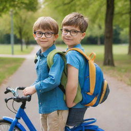 A clever young boy with glasses and a backpack, next to a blue bike in a sunny park.