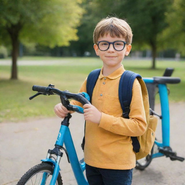 A clever young boy with glasses and a backpack, next to a blue bike in a sunny park.