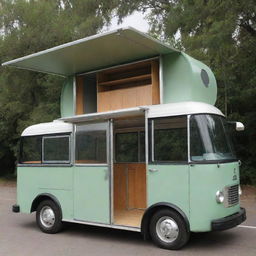 A unique bus with four doors; three on one side, all featuring roll up mechanisms. Door 1 hides a hanging rod, doors 2 and 3 reveal adjustable shelves, and door 4, located at the back, is a standard roll up door.