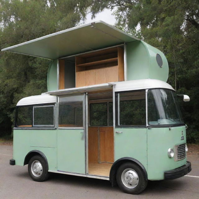 A unique bus with four doors; three on one side, all featuring roll up mechanisms. Door 1 hides a hanging rod, doors 2 and 3 reveal adjustable shelves, and door 4, located at the back, is a standard roll up door.