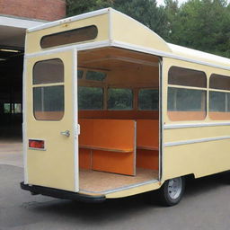 A unique bus with four doors; three on one side, all featuring roll up mechanisms. Door 1 hides a hanging rod, doors 2 and 3 reveal adjustable shelves, and door 4, located at the back, is a standard roll up door.