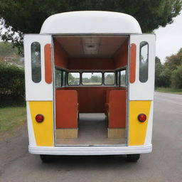 A unique bus with four doors; three on one side, all featuring roll up mechanisms. Door 1 hides a hanging rod, doors 2 and 3 reveal adjustable shelves, and door 4, located at the back, is a standard roll up door.