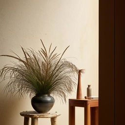 Architectural photography of a Venetian plaster wall, pampas grass in a pot, timber side table, natural lighting, high detail.