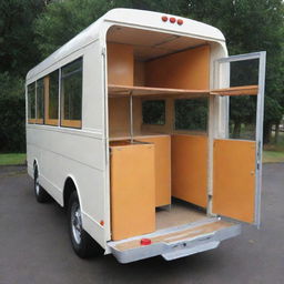 A unique bus with four doors; three on one side, all featuring roll up mechanisms. Door 1 hides a hanging rod, doors 2 and 3 reveal adjustable shelves, and door 4, located at the back, is a standard roll up door.