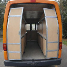 A bus with three side roll up doors: Door 1 with a hanging rod, Door 2 and 3 with adjustable shelves, and a fourth roll up door on the back.