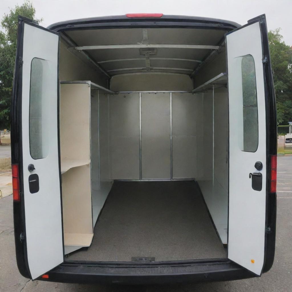 A bus with three side roll up doors: Door 1 with a hanging rod, Door 2 and 3 with adjustable shelves, and a fourth roll up door on the back.