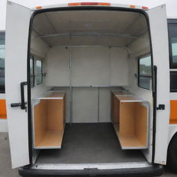 A bus with three side roll up doors: Door 1 with a hanging rod, Door 2 and 3 with adjustable shelves, and a fourth roll up door on the back.