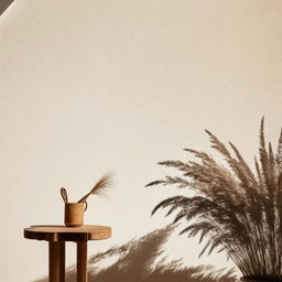 Architectural photography of a Venetian plaster wall, pampas grass in a pot, timber side table, natural lighting, high detail.