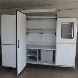 A laundry and housekeeping bus with three doors on the left side. Door 1 features a roll-up door with a hanging rod. Door 2 and 3 have roll-up doors with adjustable shelves. A fourth roll-up door is also present.