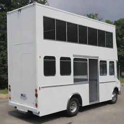 A laundry and housekeeping bus with three doors on the left side. Door 1 features a roll-up door with a hanging rod. Door 2 and 3 have roll-up doors with adjustable shelves. A fourth roll-up door is also present.