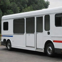 A laundry and housekeeping bus with three doors on the left side. Door 1 features a roll-up door with a hanging rod. Door 2 and 3 have roll-up doors with adjustable shelves. A fourth roll-up door is also present.