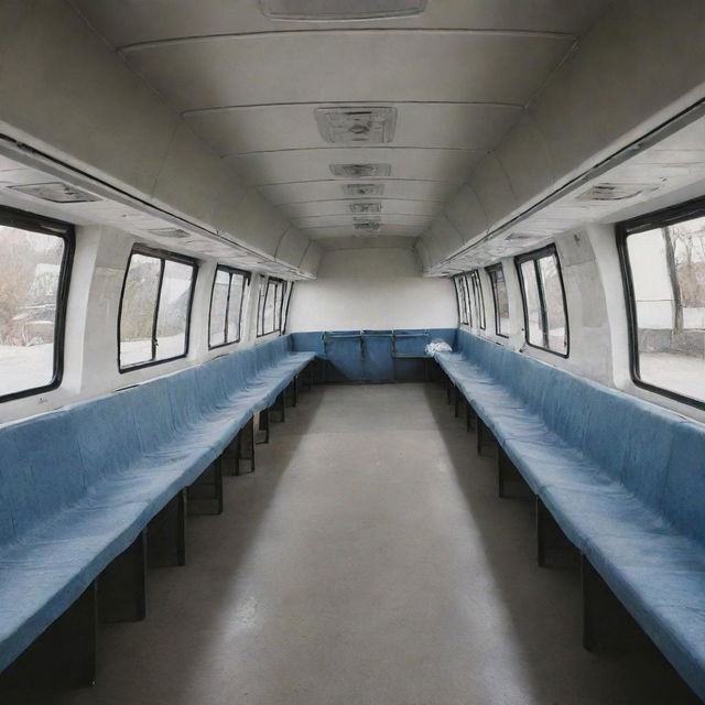 A large bus equipped with laundry facilities, featuring a large, roll-up door on the side, exposing the inside with washing machines and dryers.