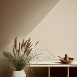 Architectural photography of a Venetian plaster wall, pampas grass in a pot, timber side table, natural lighting, high detail.