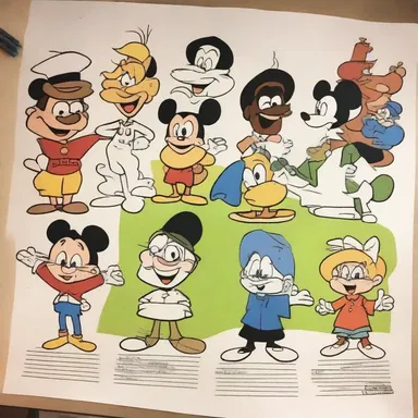The artist used colorful poster board to draw characters for the cartoon show.