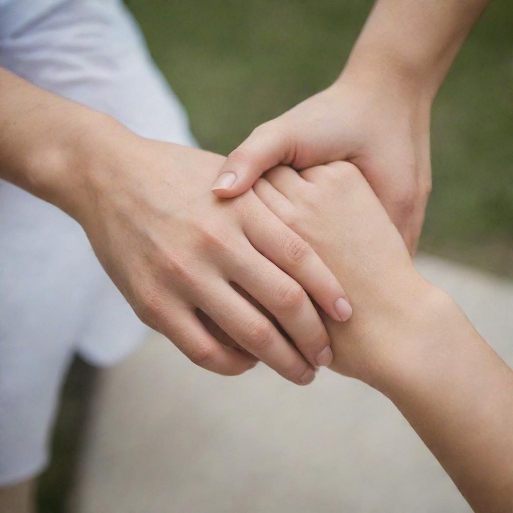 A romantic and tender scene of a loving couple gently holding hands, their fingers intertwined.