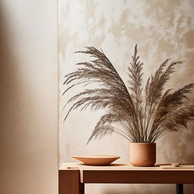 Architectural photography of a Venetian plaster wall, pampas grass in a pot, timber side table, natural lighting, high detail.