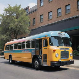 A detailed and colorful representation of a bus outfitted with housekeeping tools and devices, parked in a setting that accentuates its uniqueness. The daytime lighting showcases its outer beauty.