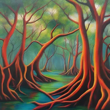 The artist painted a vibrant landscape depicting the mangrove trees and their intricate root systems.