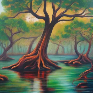 The artist painted a vibrant landscape depicting the mangrove trees and their intricate root systems.