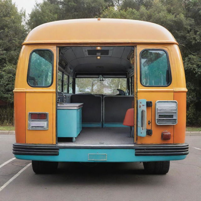 A detailed and colorful representation of a bus outfitted with housekeeping tools and devices, parked in a setting that accentuates its uniqueness. The daytime lighting showcases its outer beauty.