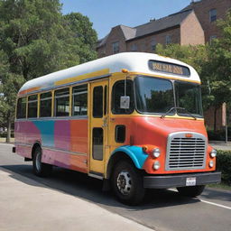 A detailed and colorful representation of a bus outfitted with housekeeping tools and devices, parked in a setting that accentuates its uniqueness. The daytime lighting showcases its outer beauty.