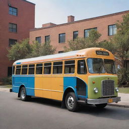 A detailed and colorful representation of a bus outfitted with housekeeping tools and devices, parked in a setting that accentuates its uniqueness. The daytime lighting showcases its outer beauty.