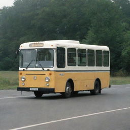 A three-door housekeeping bus traveling on an outdoor road