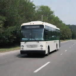 A three-door housekeeping bus traveling on an outdoor road