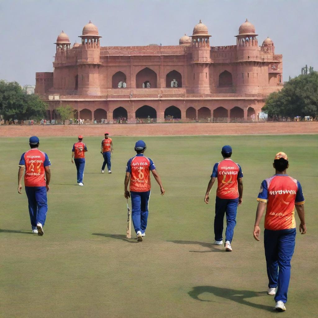 Illustrate Shree Maharana Pratap Singh Premier League in Jaipur. Under 19 T20 cricket tournament scene bustling with young energetic players, vibrant team jerseys, cricket equipment, and Jaipur's iconic architecture in the backdrop.