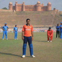 Illustrate Shree Maharana Pratap Singh Premier League in Jaipur. Under 19 T20 cricket tournament scene bustling with young energetic players, vibrant team jerseys, cricket equipment, and Jaipur's iconic architecture in the backdrop.