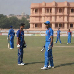 Illustrate Shree Maharana Pratap Singh Premier League in Jaipur. Under 19 T20 cricket tournament scene bustling with young energetic players, vibrant team jerseys, cricket equipment, and Jaipur's iconic architecture in the backdrop.