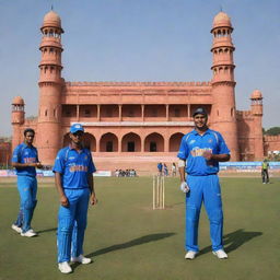 Illustrate Shree Maharana Pratap Singh Premier League in Jaipur. Under 19 T20 cricket tournament scene bustling with young energetic players, vibrant team jerseys, cricket equipment, and Jaipur's iconic architecture in the backdrop.