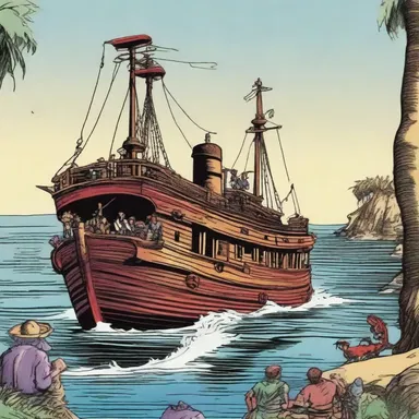 In the comic book series, a group of pirates commandeers a tramp steamer to find hidden treasure on a remote island.