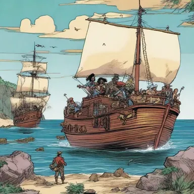 In the comic book series, a group of pirates commandeers a tramp steamer to find hidden treasure on a remote island.