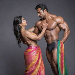 An Indian bodybuilder, muscular and determined, lifting a woman dressed in a colorful saree with grace and strength