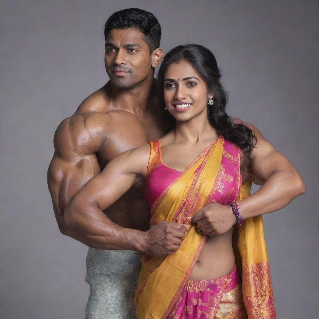 An Indian bodybuilder, muscular and determined, lifting a woman dressed in a colorful saree with grace and strength