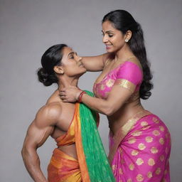 An Indian bodybuilder, muscular and determined, lifting a woman dressed in a colorful saree with grace and strength