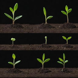 A time-lapse sequence showcasing the process of a seed sprouting, growing roots and a shoot, unfolding its first leaves. Spotlight on the moment of germination happening on a nutrient rich soil under optimal light and moisture.