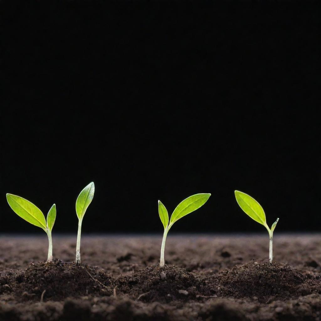 A time-lapse sequence showcasing the process of a seed sprouting, growing roots and a shoot, unfolding its first leaves. Spotlight on the moment of germination happening on a nutrient rich soil under optimal light and moisture.