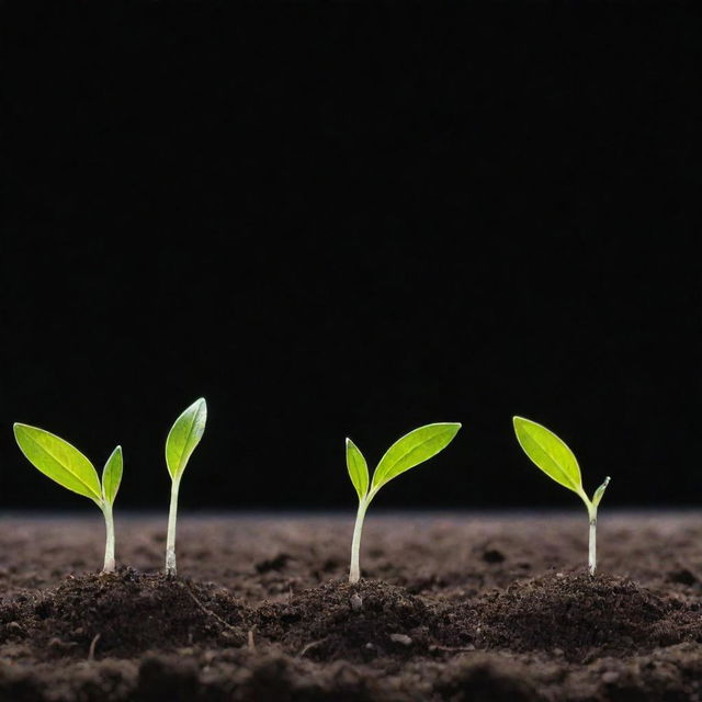 A time-lapse sequence showcasing the process of a seed sprouting, growing roots and a shoot, unfolding its first leaves. Spotlight on the moment of germination happening on a nutrient rich soil under optimal light and moisture.