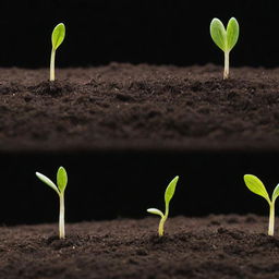 A time-lapse sequence showcasing the process of a seed sprouting, growing roots and a shoot, unfolding its first leaves. Spotlight on the moment of germination happening on a nutrient rich soil under optimal light and moisture.